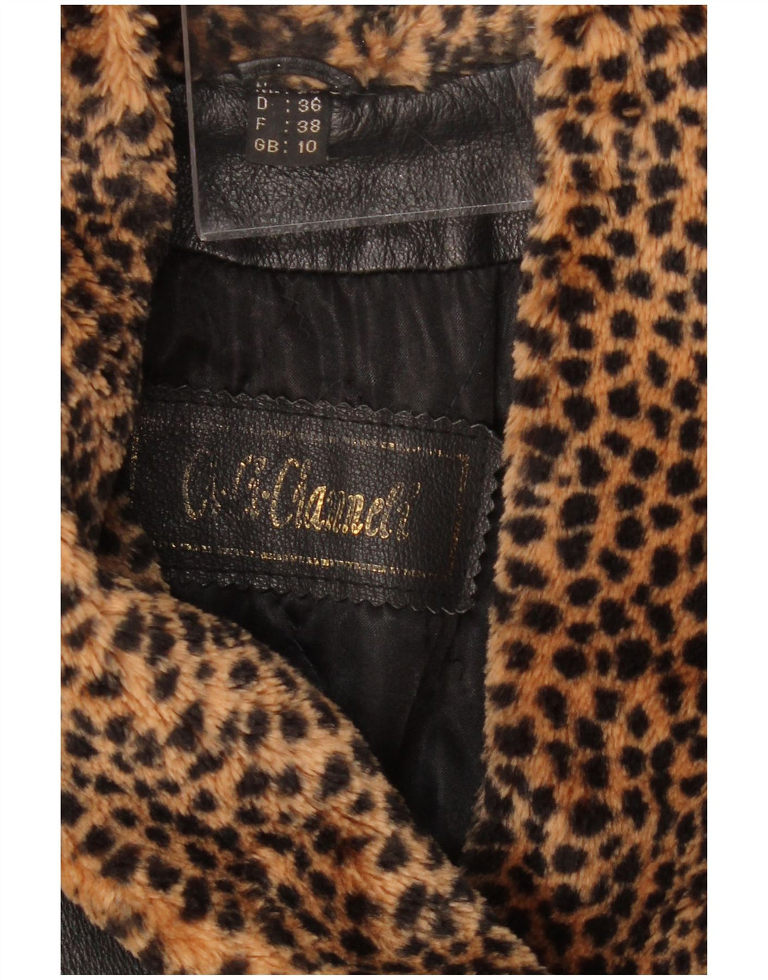 Cappotto in pelle oversize da donna VINTAGE UK 10 piccola stampa animalier nera