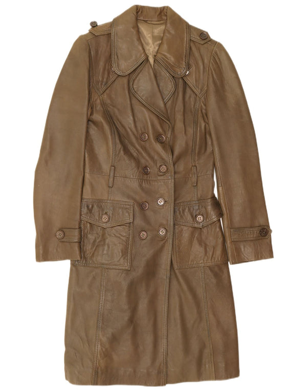 Vintage Womens Military Leather Double Breasted Coat UK 10 Small Khaki
