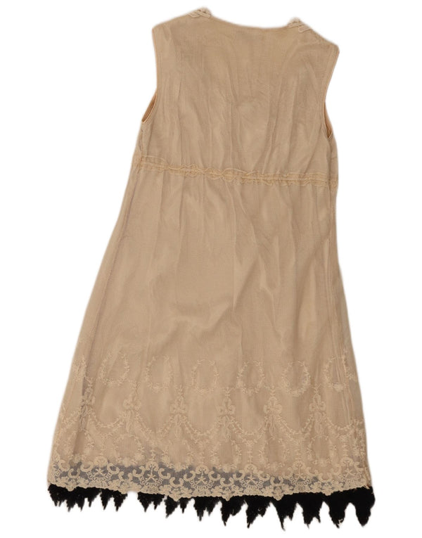 Abito a trapezio senza maniche da donna vintage UK 10 Piccolo cotone floreale beige