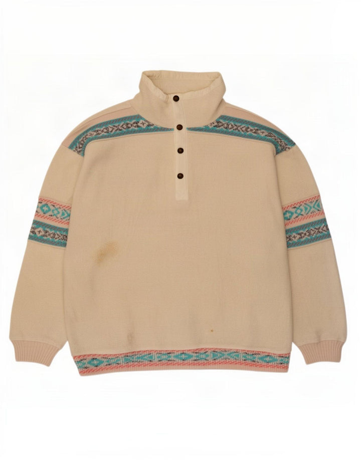 Maglione in pile da uomo Silvy con collo a bottoni, grande poliestere Fair Isle bianco sporco