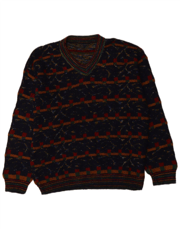 VINTAGE Maglione da uomo con scollo a V XL Lana geometrica blu navy