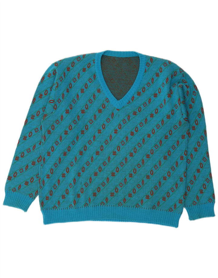 Maglione vintage da uomo con scollo a V, grande lana geometrica blu