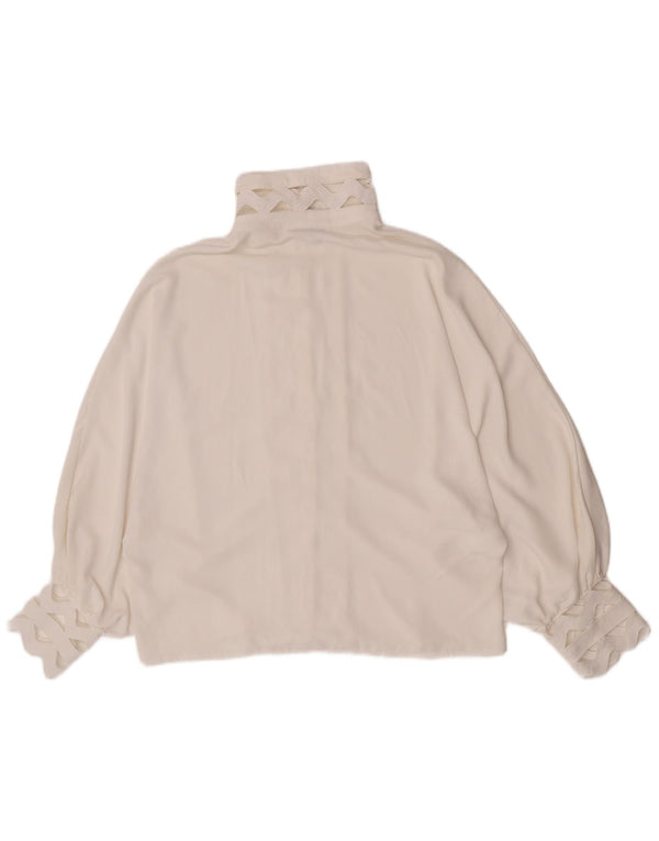 Camicetta camicia vintage da donna UK 14 grande poliestere bianco