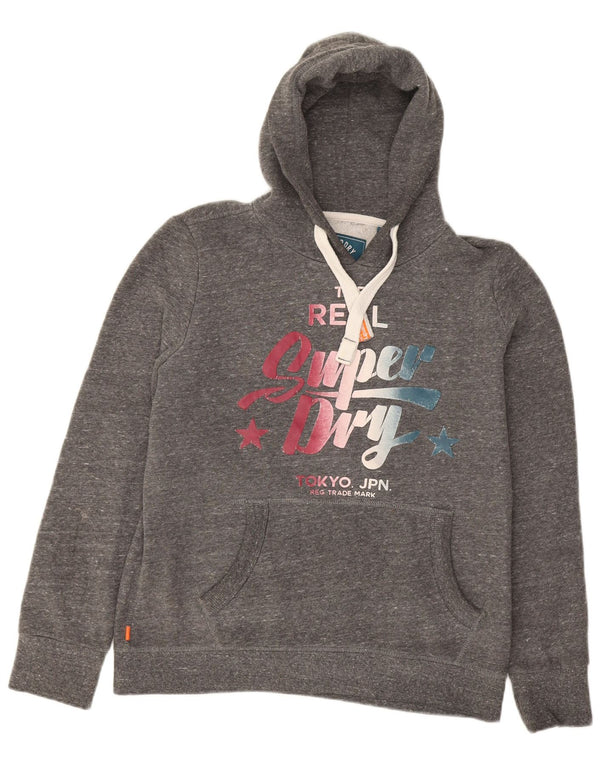 Felpa con cappuccio grafica da donna Superdry UK 14 grande cotone chiazzato grigio