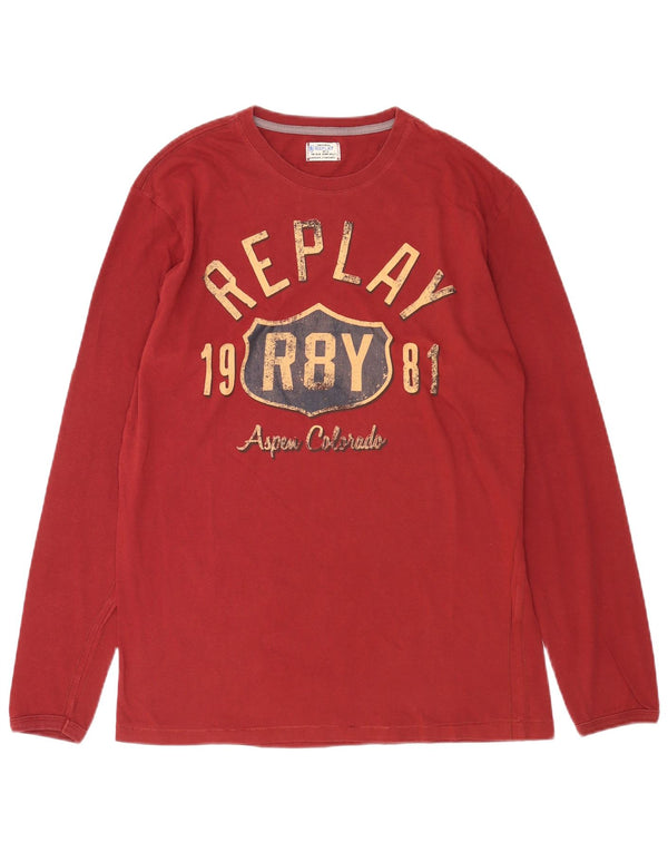 Replay Top grafico da uomo a maniche lunghe XL in cotone bordeaux