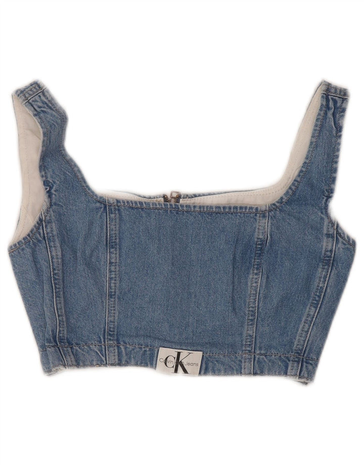 CALVIN KLEIN JEANS Top corto in denim senza maniche da donna UK 6 XS Blu