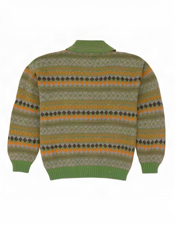 Maglione vintage da uomo con collo alto in lana Fair Isle verde medio