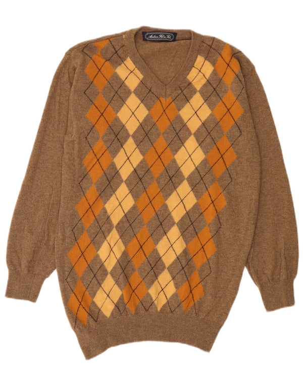 Maglione maglione vintage da uomo con scollo a V XL marrone a rombi/lana diamante