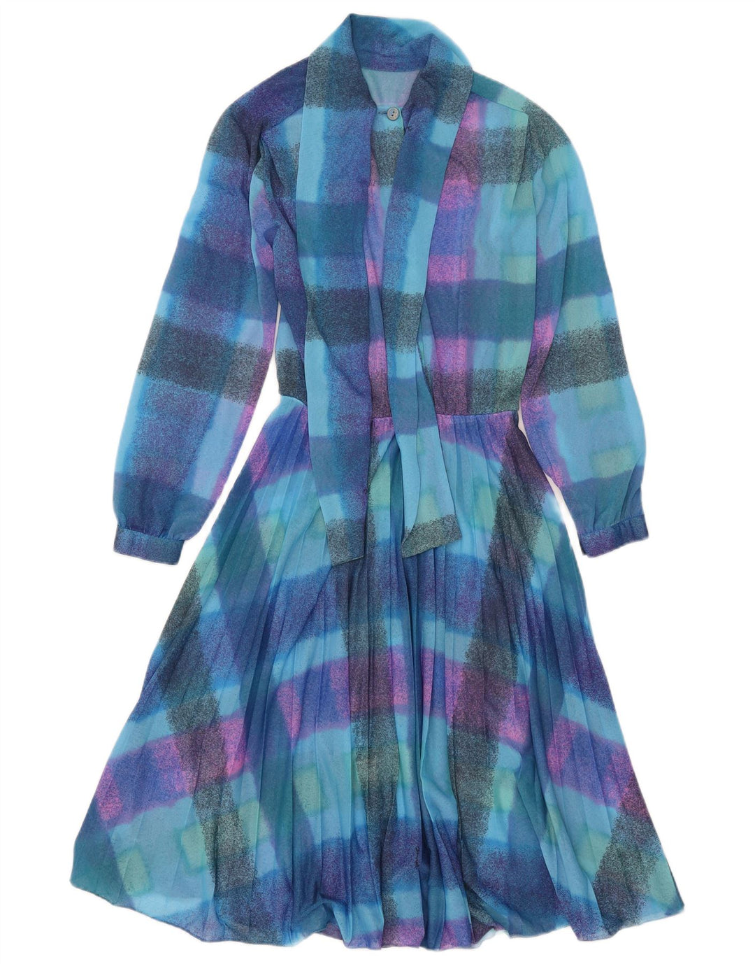 Abito vintage da donna a trapezio a maniche lunghe trasparente con piccoli quadri blu