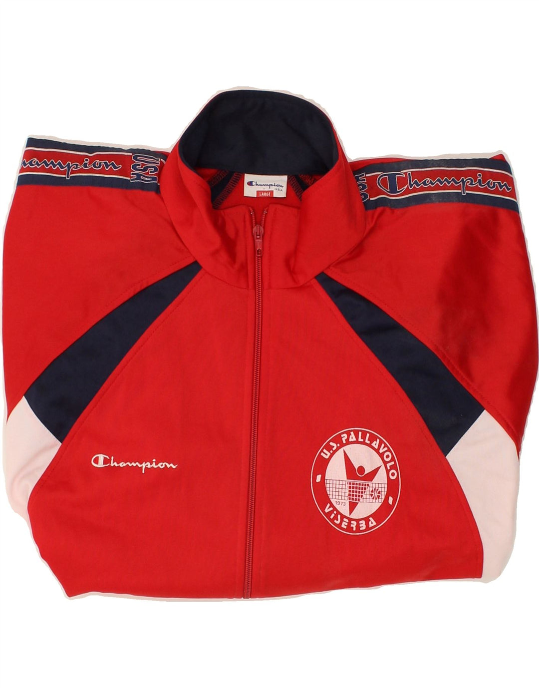 CHAMPION Mens Tracksuit Top Jacket Large Red Colourblock Polyester Vintage Champion and Second-Hand Champion from Messina Hembry 