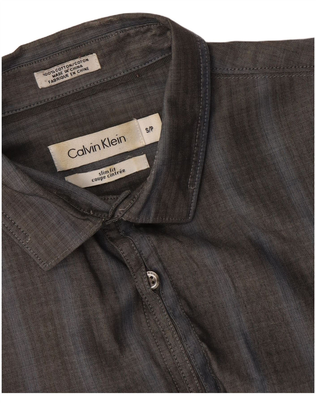 Camicia slim fit da uomo Calvin Klein piccola in cotone a spina di pesce grigio