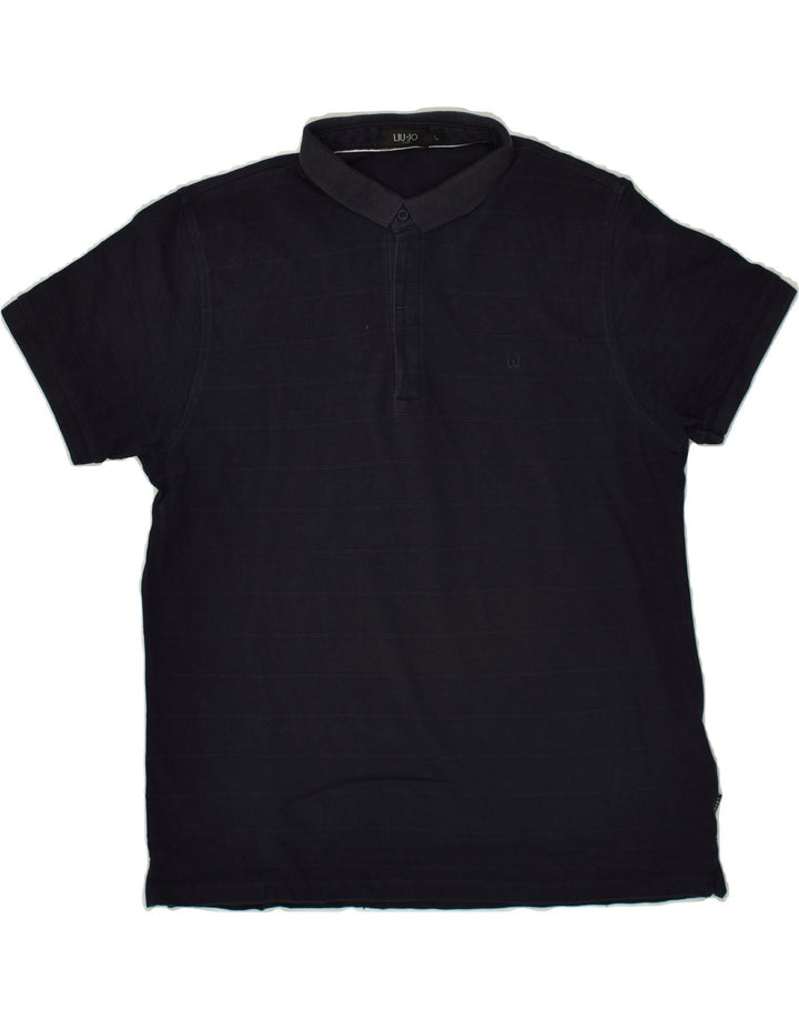 LIU JO Mens Polo Shirt Large Navy Blue Striped Cotton Vintage Liu Jo and Second-Hand Liu Jo from Messina Hembry 