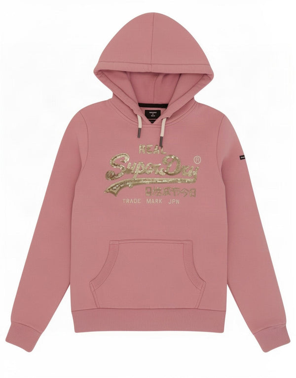 Felpa con cappuccio grafica da donna Superdry UK 8 Small in cotone rosa