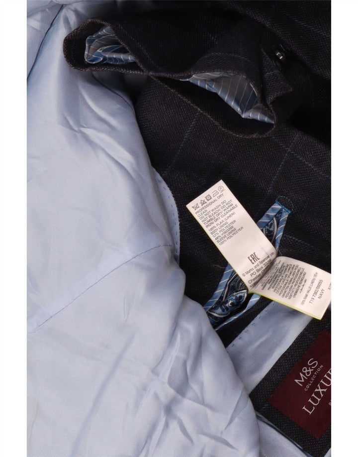 Giacca blazer a 2 bottoni da uomo Marks & Spencer UK 44 XL Lino a quadri blu navy