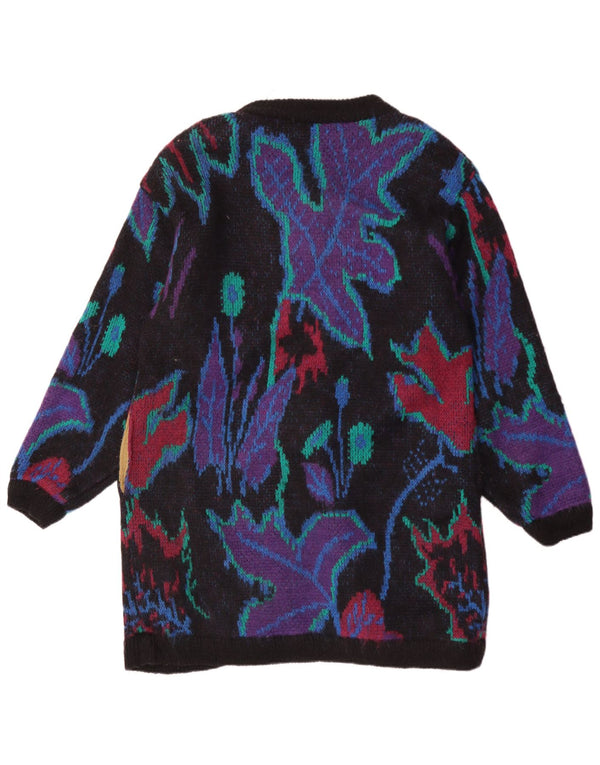 Maglione cardigan lungo da donna vintage UK 18 XL nero floreale