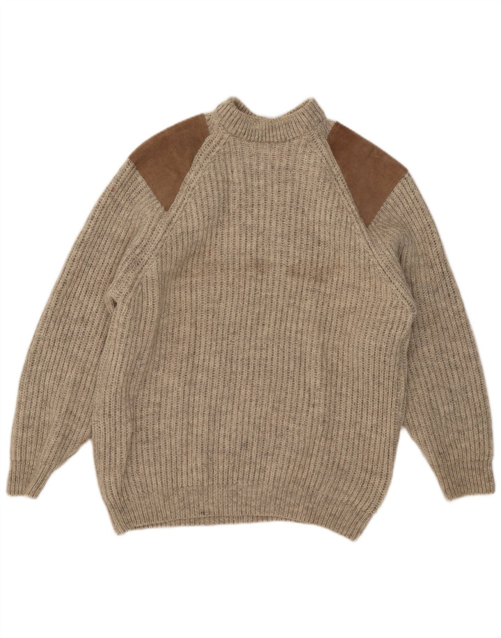 Maglione vintage da uomo con collo alto e lana color block beige grande