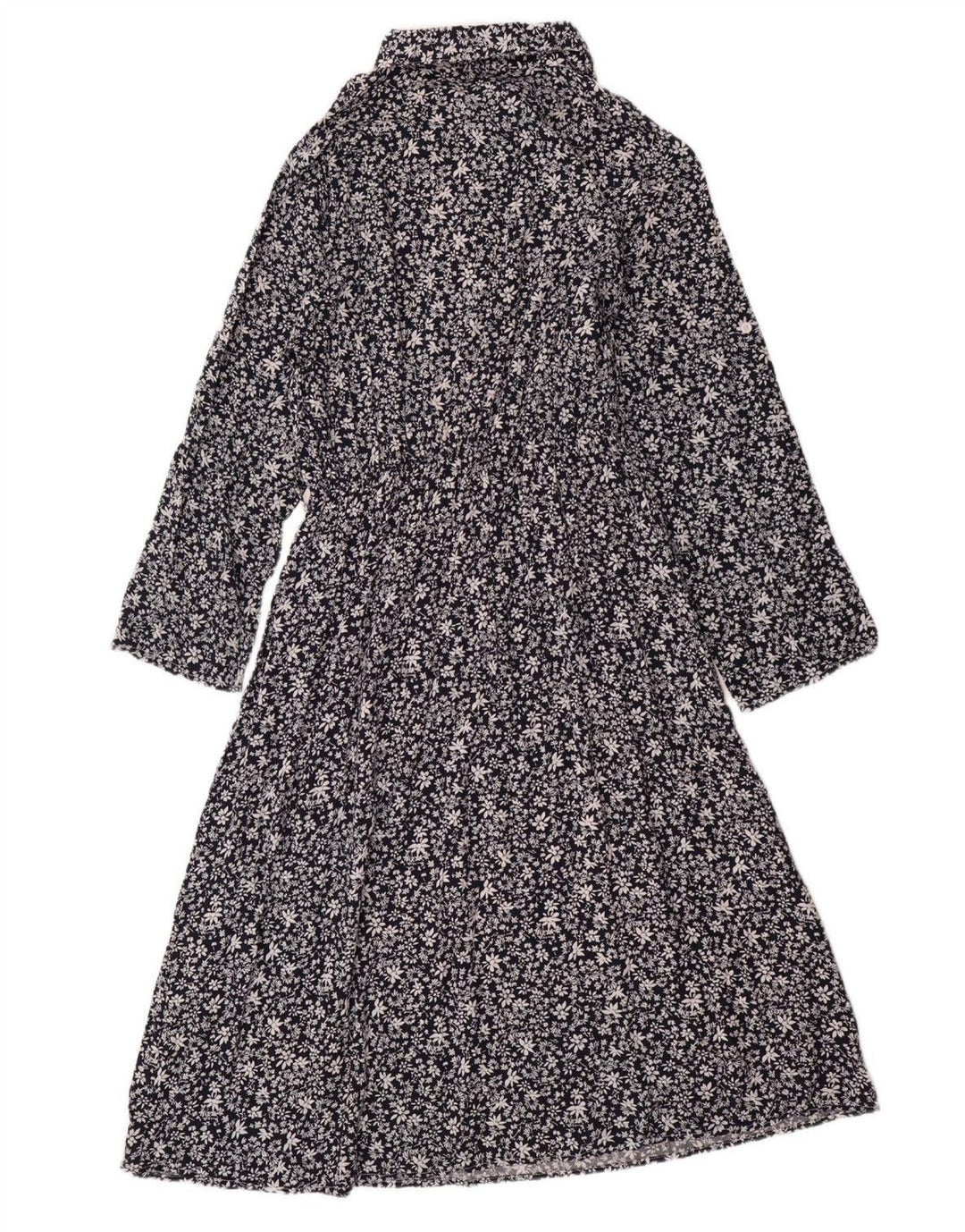 Abito maxi a maniche lunghe da donna VINTAGE UK 14 Grande cotone floreale blu navy