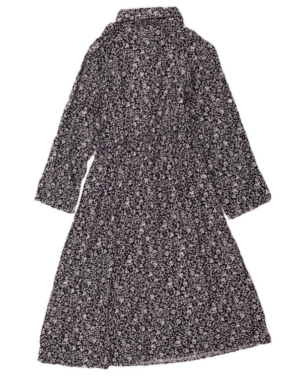 Abito maxi a maniche lunghe da donna VINTAGE UK 14 Grande cotone floreale blu navy