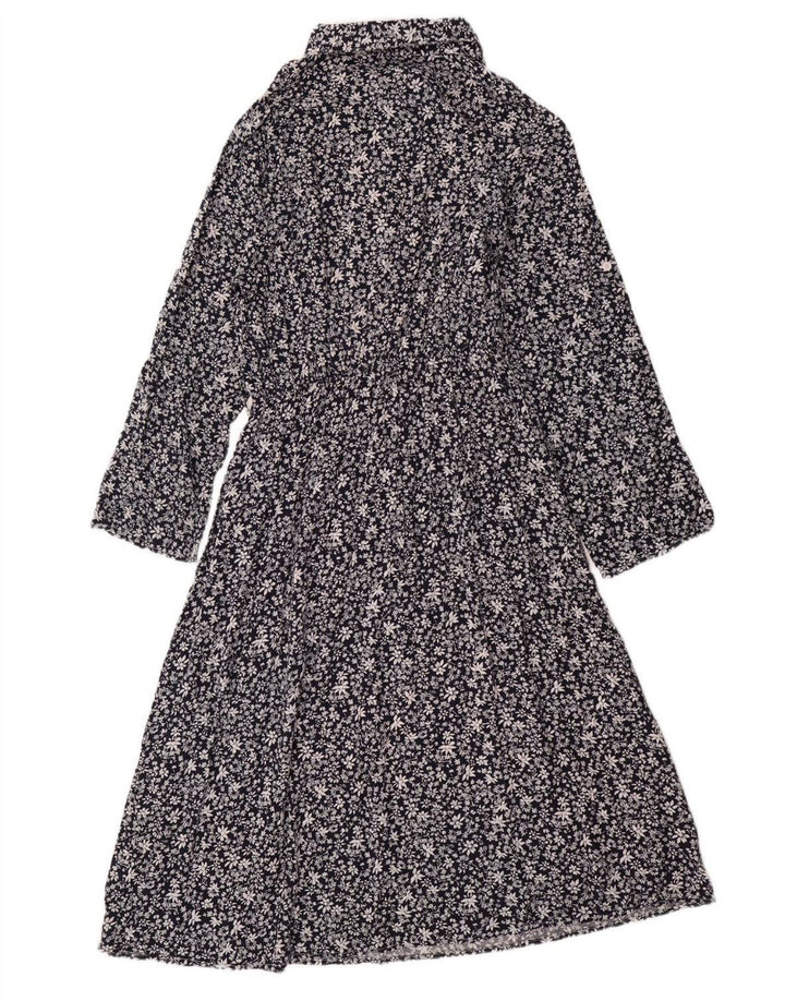 Abito maxi a maniche lunghe da donna VINTAGE UK 14 Grande cotone floreale blu navy