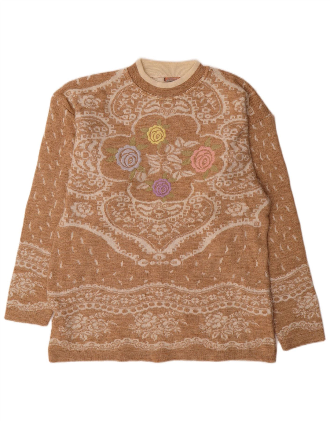 Maglione maglione girocollo da donna Bernardi UK 14 Lana Fair Isle beige medio