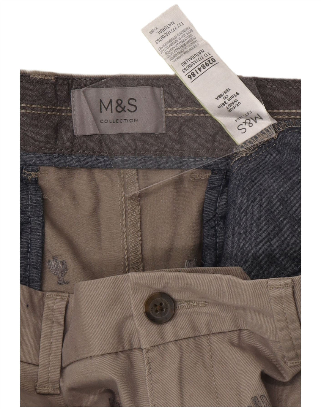 MARKS & SPENCER Pantaloncini chino da uomo W36 grandi cotone maculato grigio