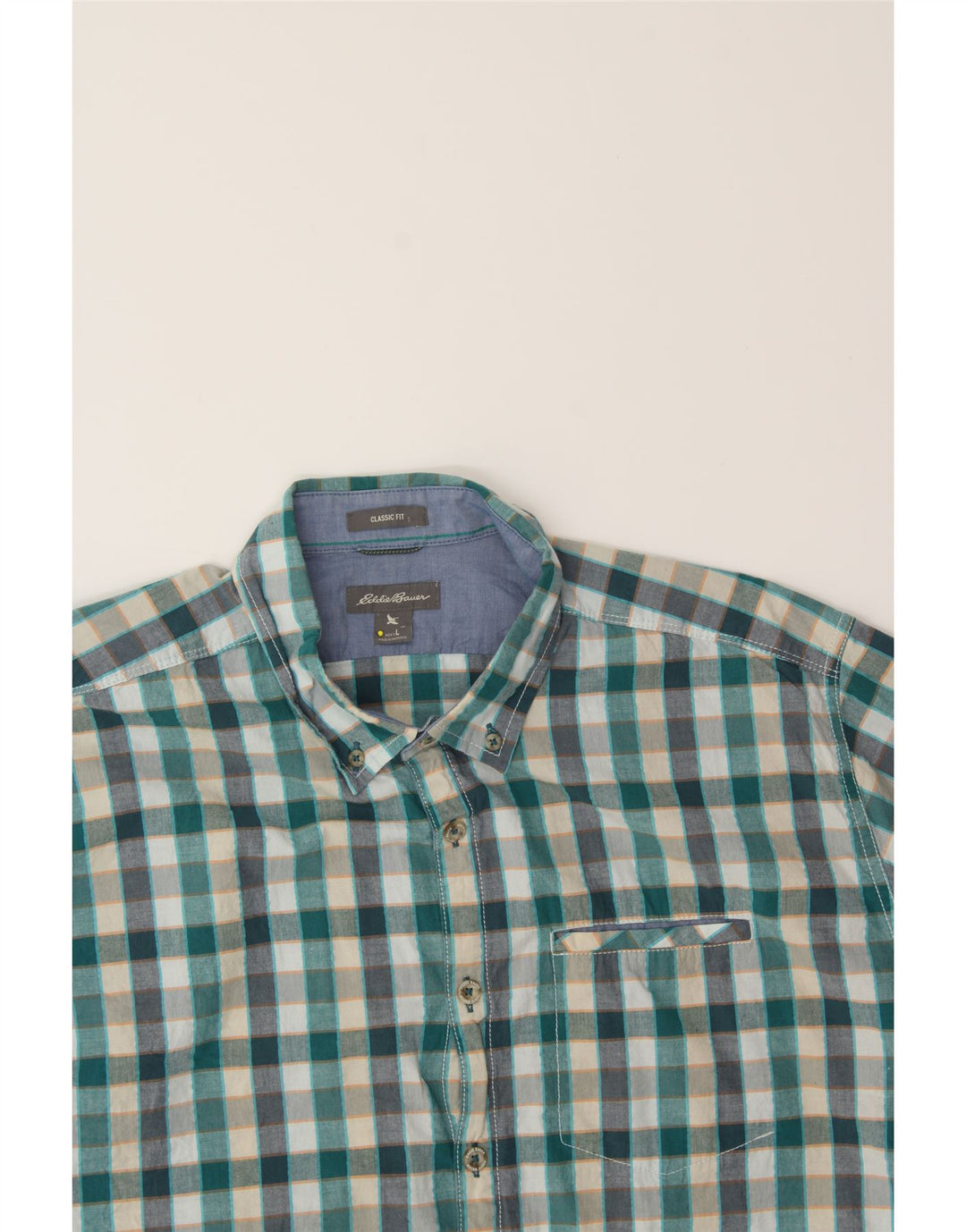 EDDIE BAUER Mens Classic Fit Short Sleeve Shirt Large Green Check Cotton Vintage Eddie Bauer and Second-Hand Eddie Bauer from Messina Hembry 