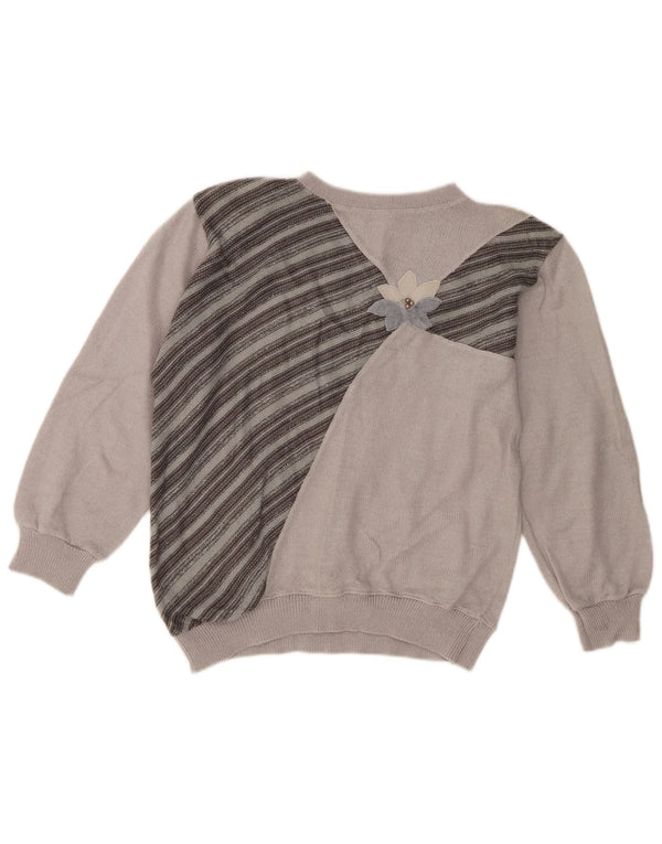 Maglione maglione girocollo da donna vintage UK 14 Acrilico a strisce grigio medio