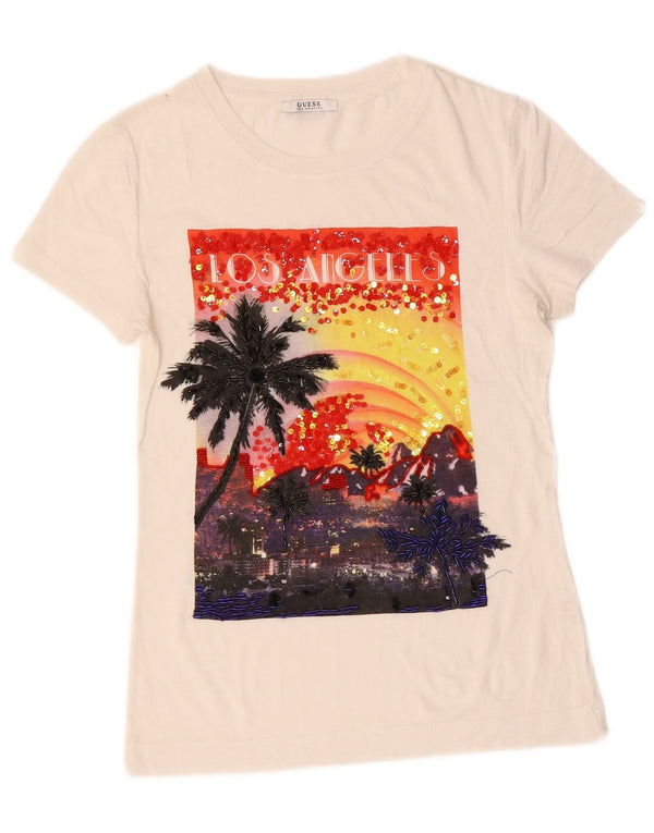 Guess T-shirt grafica da donna Los Angeles Top UK 10 Small Cotone bianco