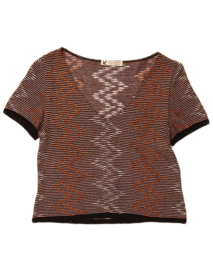 Top corto da donna vintage in camicetta UK 10 piccolo gessato marrone