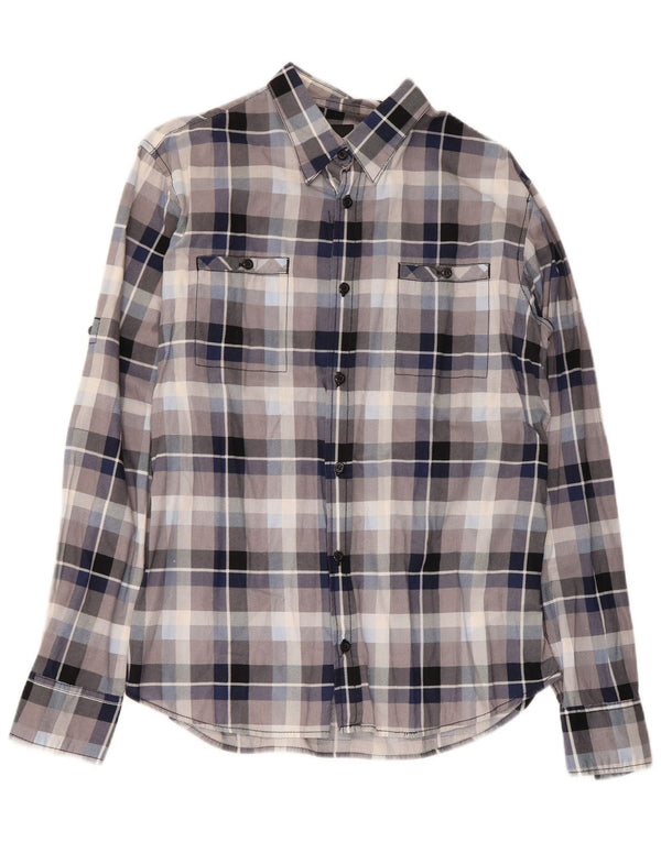 Camicia da uomo slim fit in flanella Fishbone, cotone a quadri blu medio