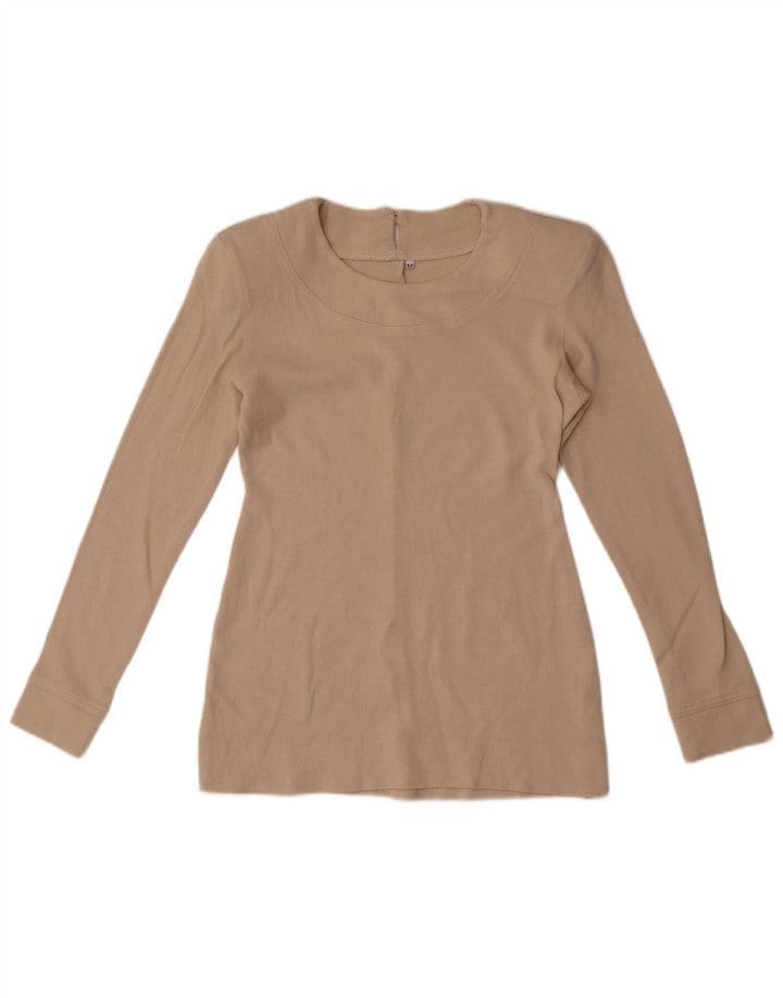 Top regolare da donna vintage a maniche lunghe UK 12 lana beige medio