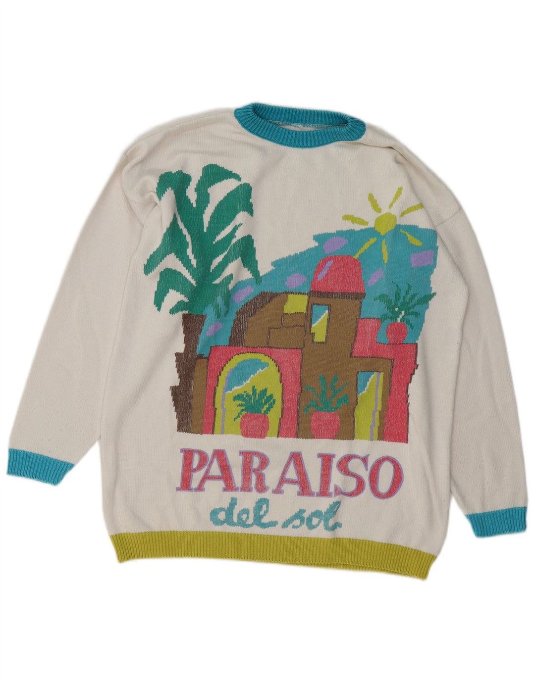 Maglione maglione girocollo da donna VINTAGE UK 16 Large White Colourblock