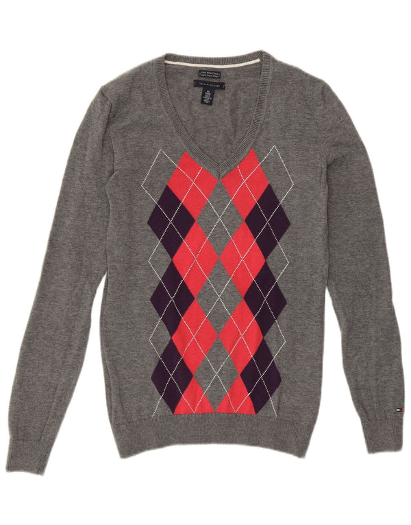 TOMMY HILFIGER Maglione da donna con scollo a V UK 6 XS Grigio Argyle/Diamante
