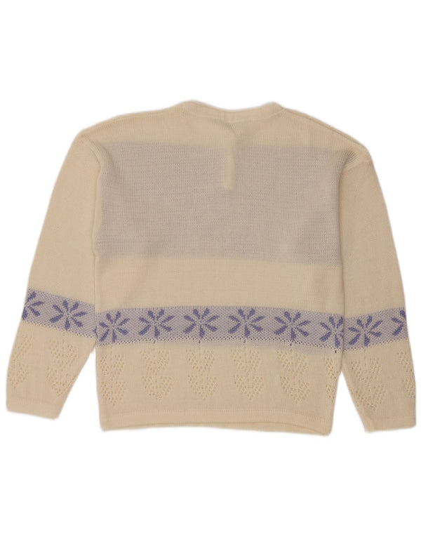 Maglione da donna vintage con collo a bottoni, UK 16, grande motivo floreale bianco