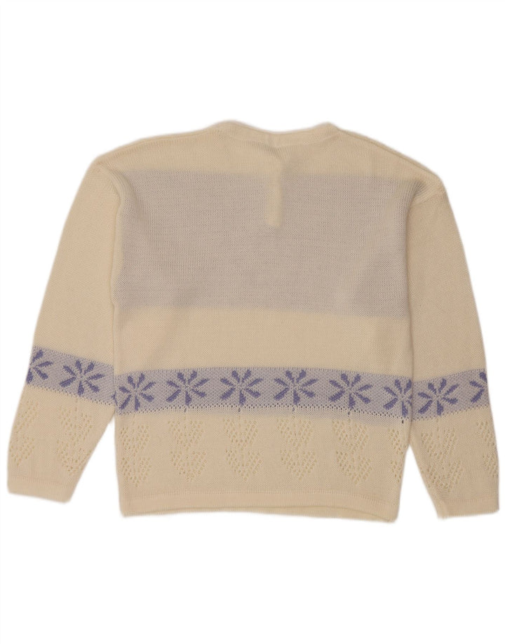 Maglione da donna vintage con collo a bottoni, UK 16, grande motivo floreale bianco