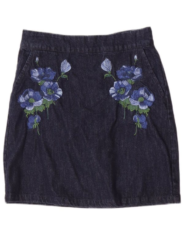 Gonna in denim da donna Warehouse UK 10 piccola W28 cotone floreale blu