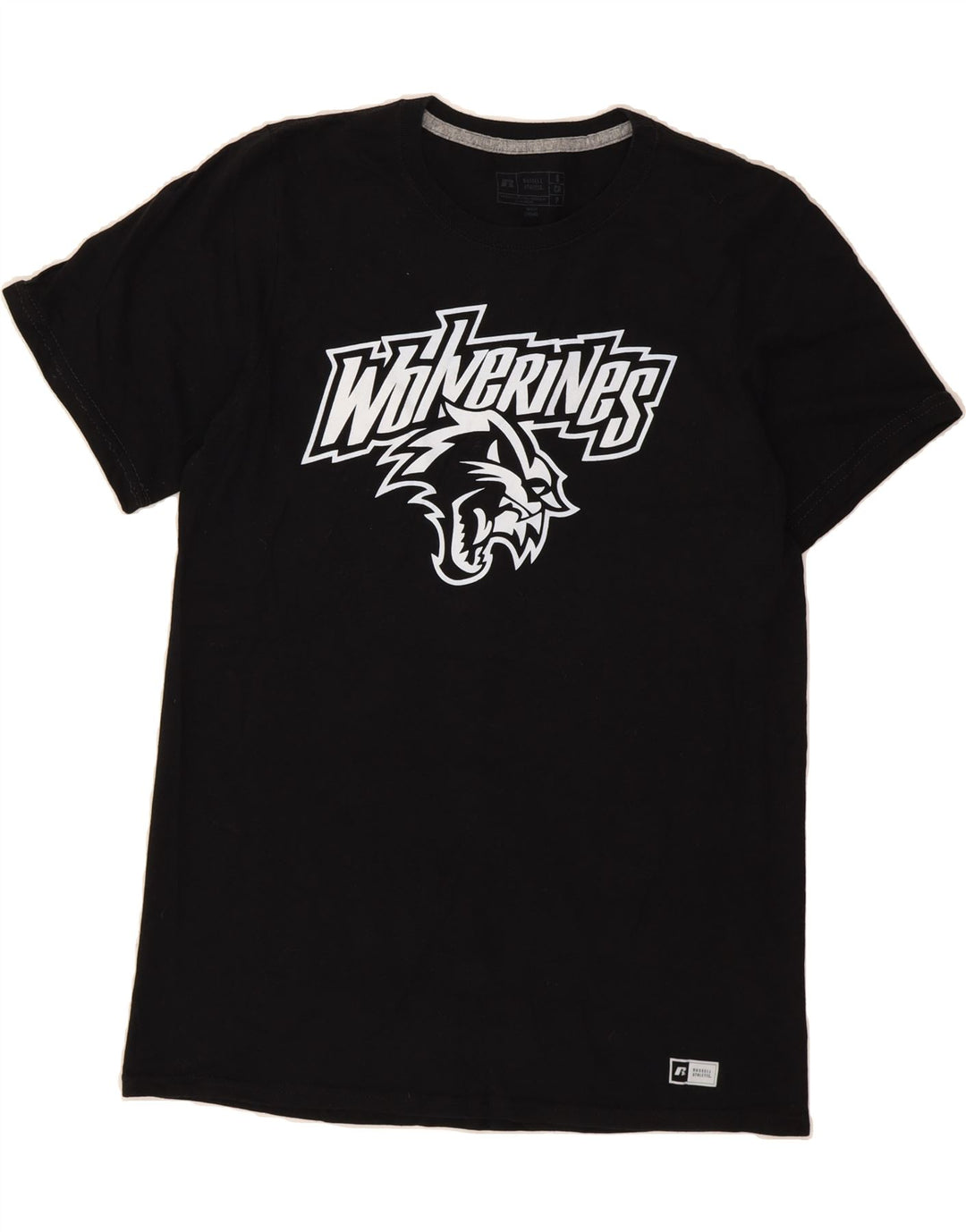RUSSELL ATHLETIC Mens Wolverines Graphic T-Shirt Top Small Black Vintage Russell Athletic and Second-Hand Russell Athletic from Messina Hembry 