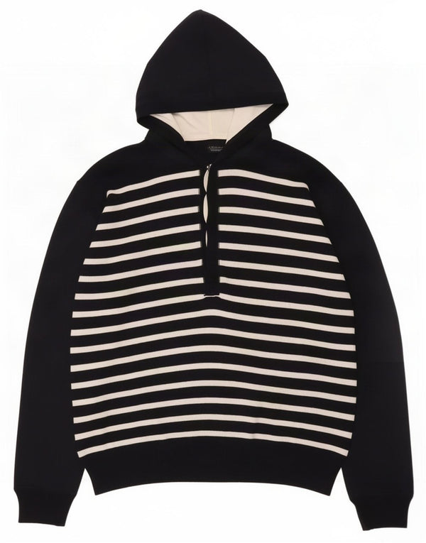 Maglione Zara da uomo con collo e bottoni con cappuccio XL in cotone a righe blu navy