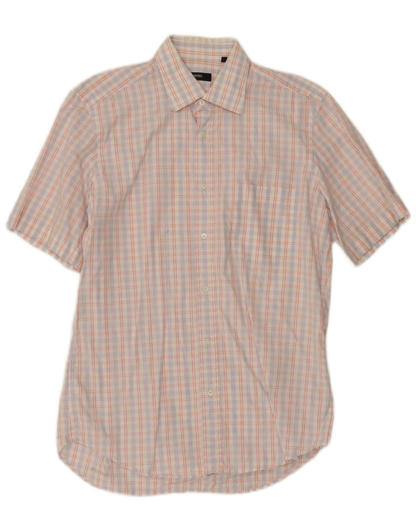 Camicia a maniche corte da uomo Hugo Boss taglia 39 15 1/2 cotone medio a quadri bianco