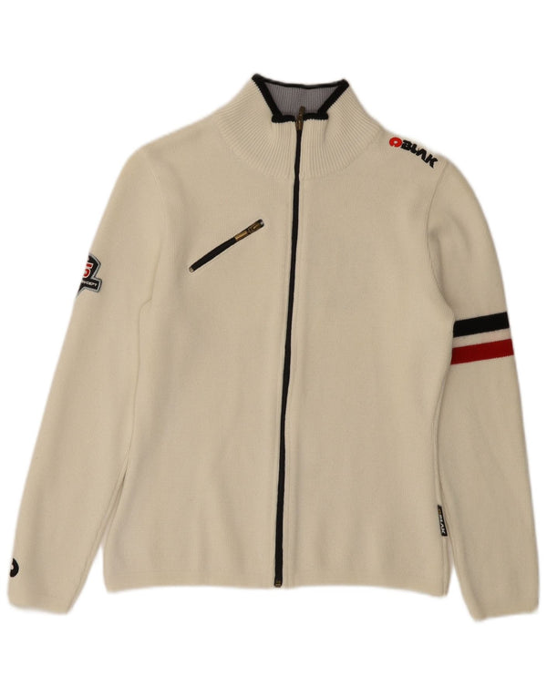 Maglione cardigan grafico da donna vintage UK 10 piccolo bianco sporco