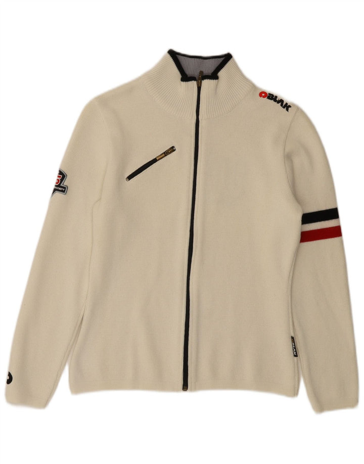 Maglione cardigan grafico da donna vintage UK 10 piccolo bianco sporco