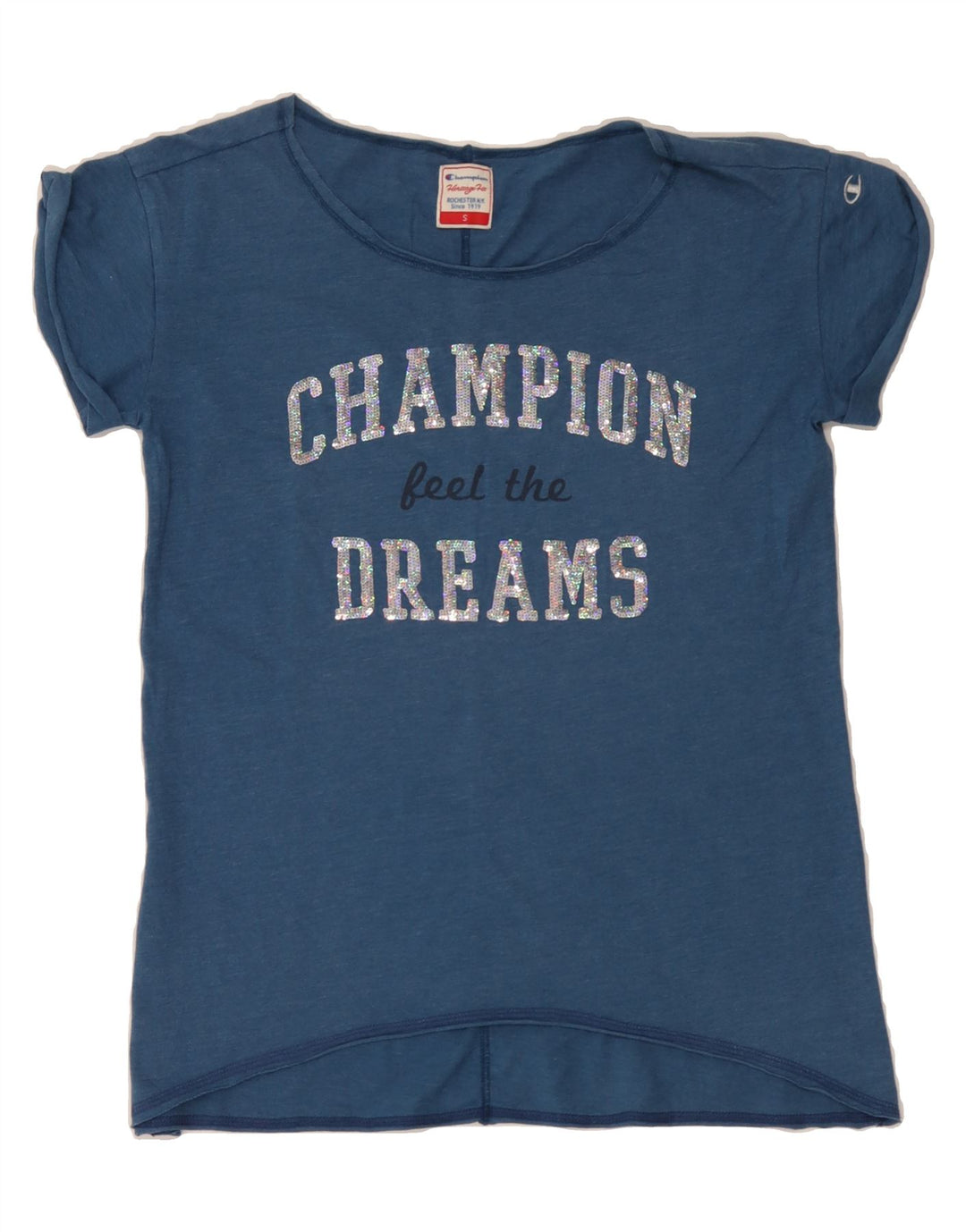 CHAMPION Womens Graphic T-Shirt Top UK 10 Small Blue Vintage Champion and Second-Hand Champion from Messina Hembry 