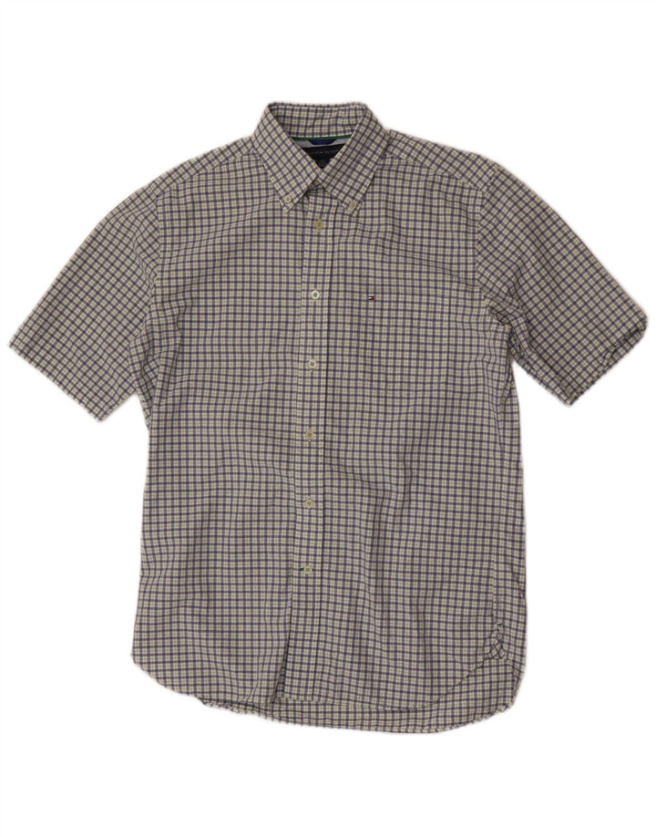 Camicia a maniche corte da uomo Tommy Hilfiger piccola in cotone a quadri blu