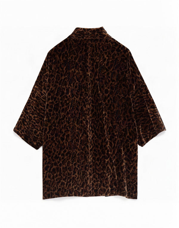 Soprabito oversize in velluto da donna vintage UK 16 grande stampa animalier marrone