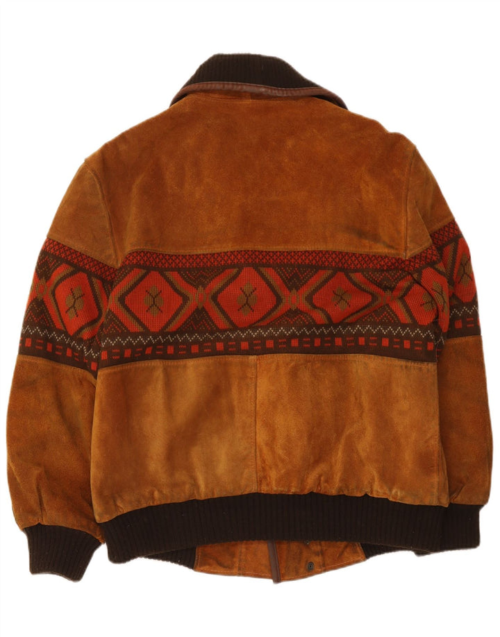 Giubbotto bomber in pelle scamosciata vintage da uomo UK 40 grande viscosa geometrica beige