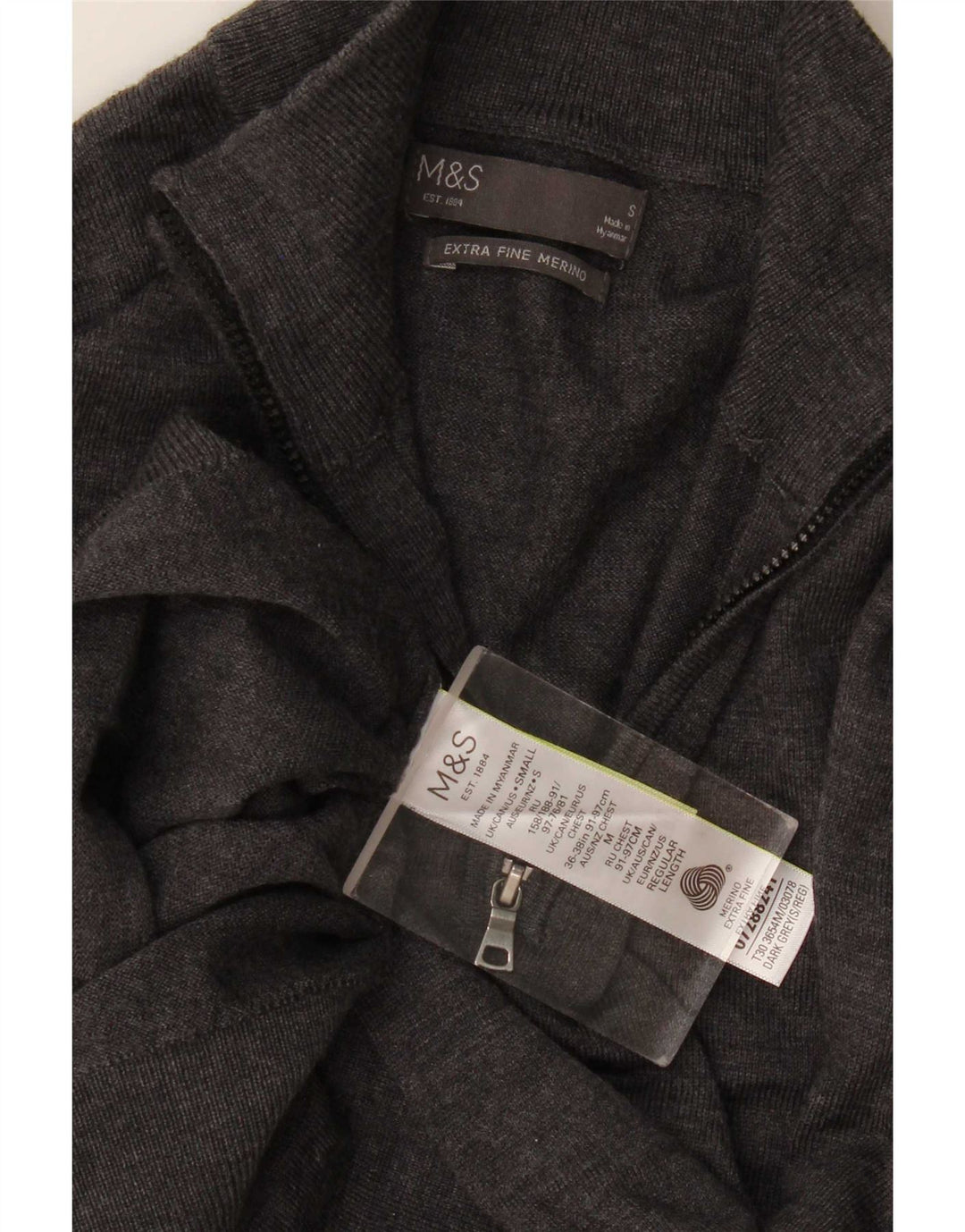Maglione da uomo Marks & Spencer con zip e collo piccolo in lana merino grigia