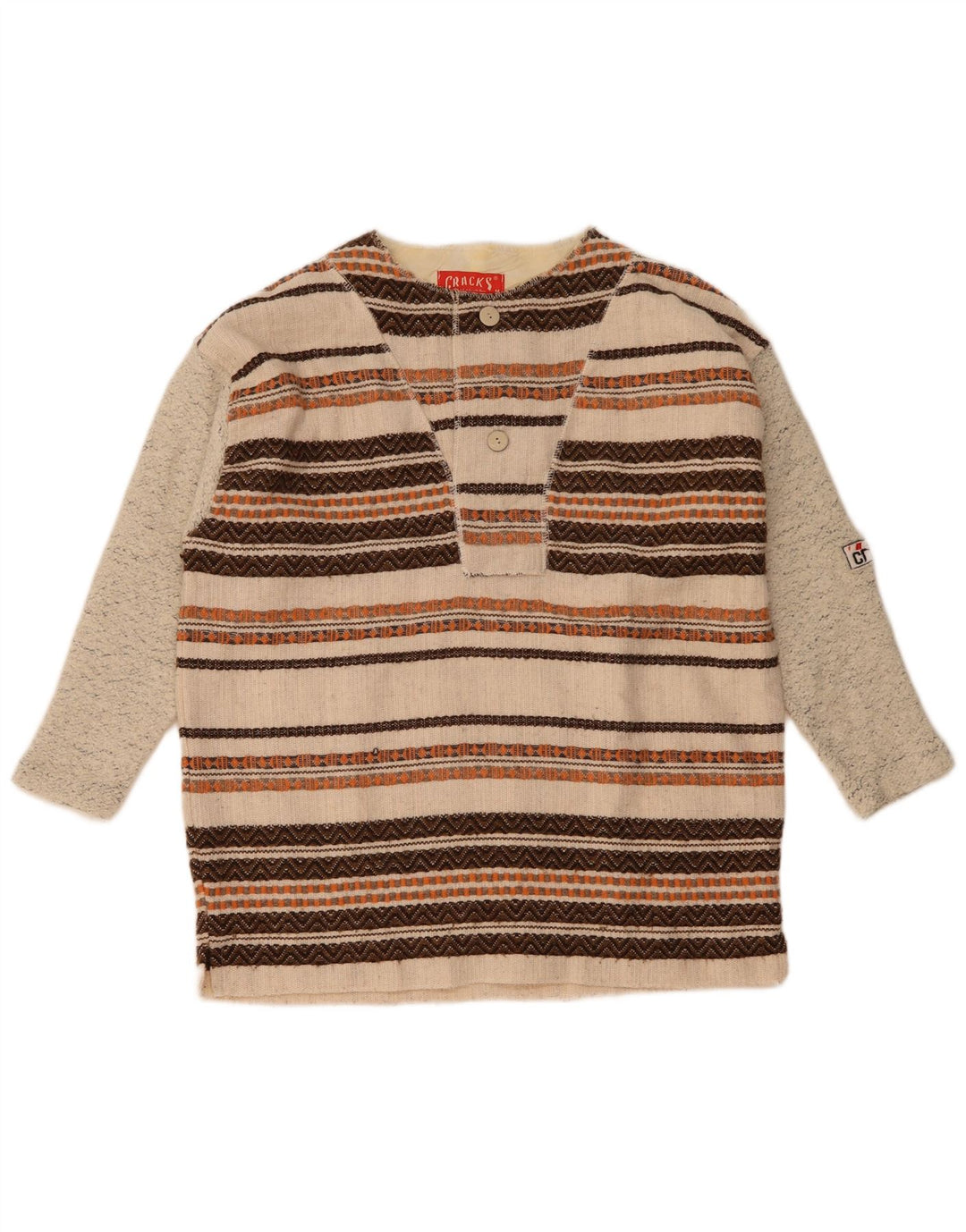 Maglione vintage da uomo con maniche a 3/4 e collo a bottoni, a righe beige medio