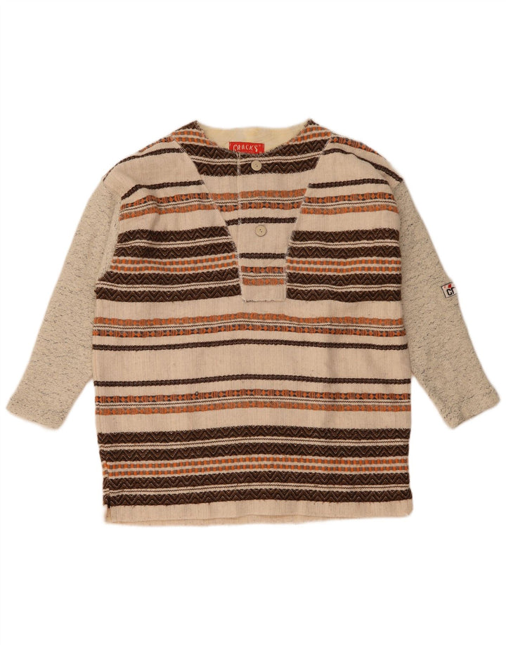 Maglione vintage da uomo con maniche a 3/4 e collo a bottoni, a righe beige medio