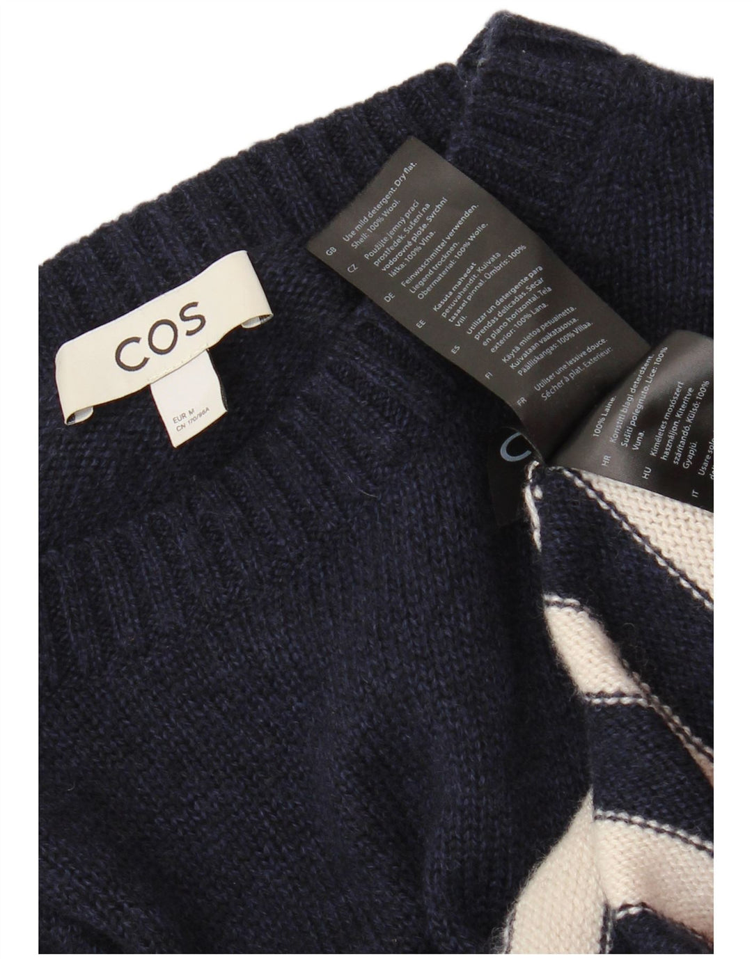 Maglione maglione girocollo da donna Cos UK 14 Lana a righe blu navy medio