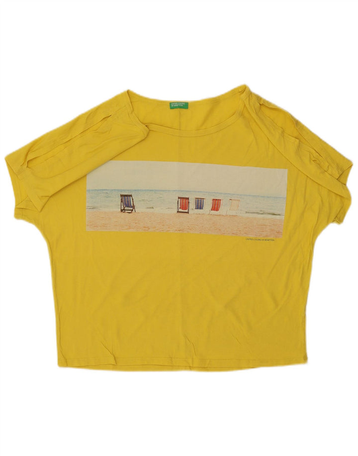 BENETTON Camicetta grafica da donna Top UK 16 Large Giallo